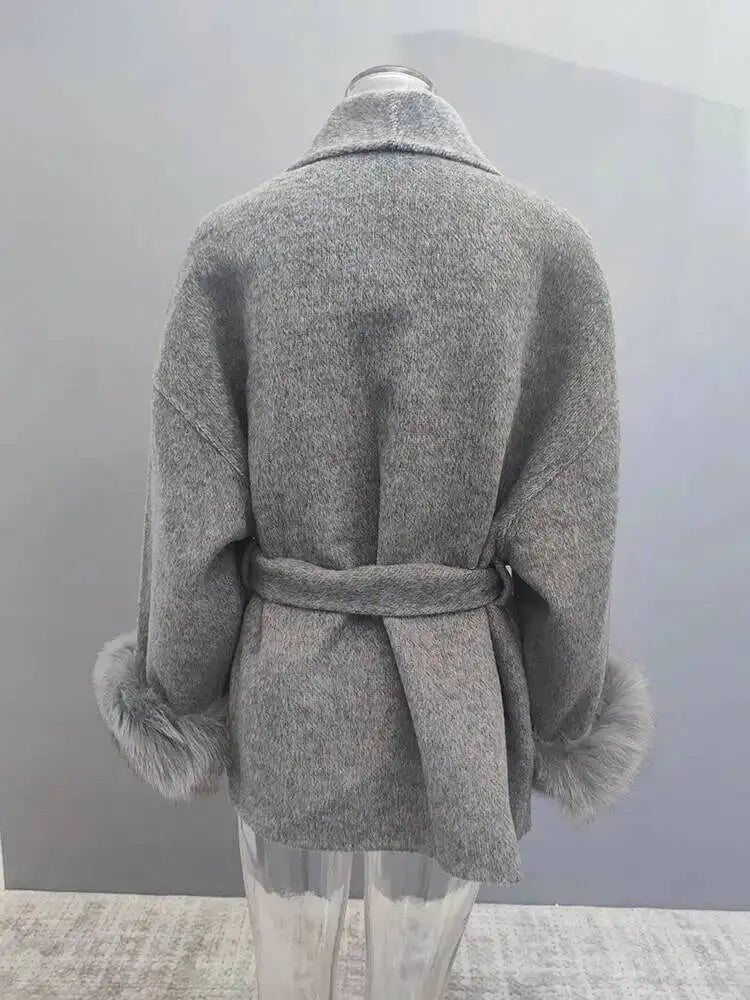 UCXQ Elegant OL Office Lady Overcoats Fur Patchwork Long Sleeve Woolen Coat Beautiful Women's Clothing Jacket Autumn 2025 Winter