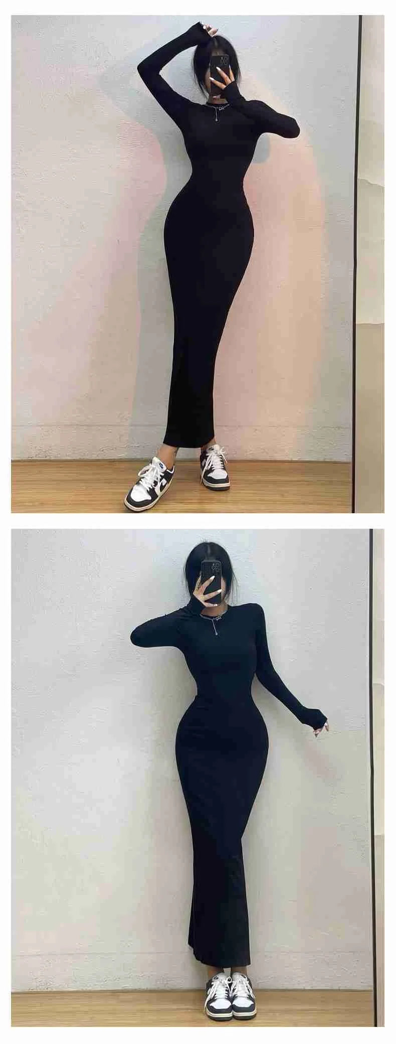 WOMENGAGA Einfache Maxi Langes Kleid Rundhals Langarm Enge Dünne Maxi Kleider Elegante Mode Koreanische Frauen Robe DEH8