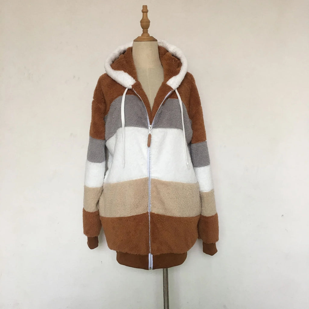 Warm Fleece Oversized Hooded Jacket Women's Autumn Winter Thickened Zipper Pocket Patchwork Clothing Comfortable Sweatshirt