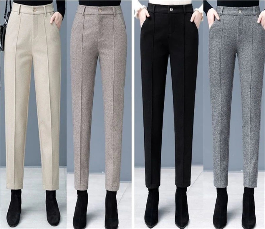 High Waist Wool Blend Pants Women Winter Thicken Plush Lined Harem Pantalones Office Casual Warm Ankle-length Woolen Spodnie