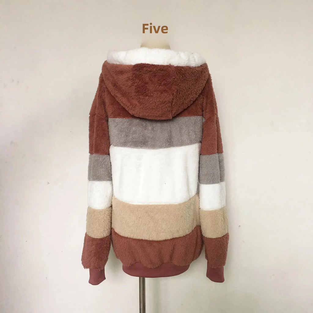 Warme Fleece-Übergroße Kapuzenjacke für Damen, Herbst und Winter, verdickte Reißverschlusstasche, Patchwork-Kleidung, bequemes Sweatshirt