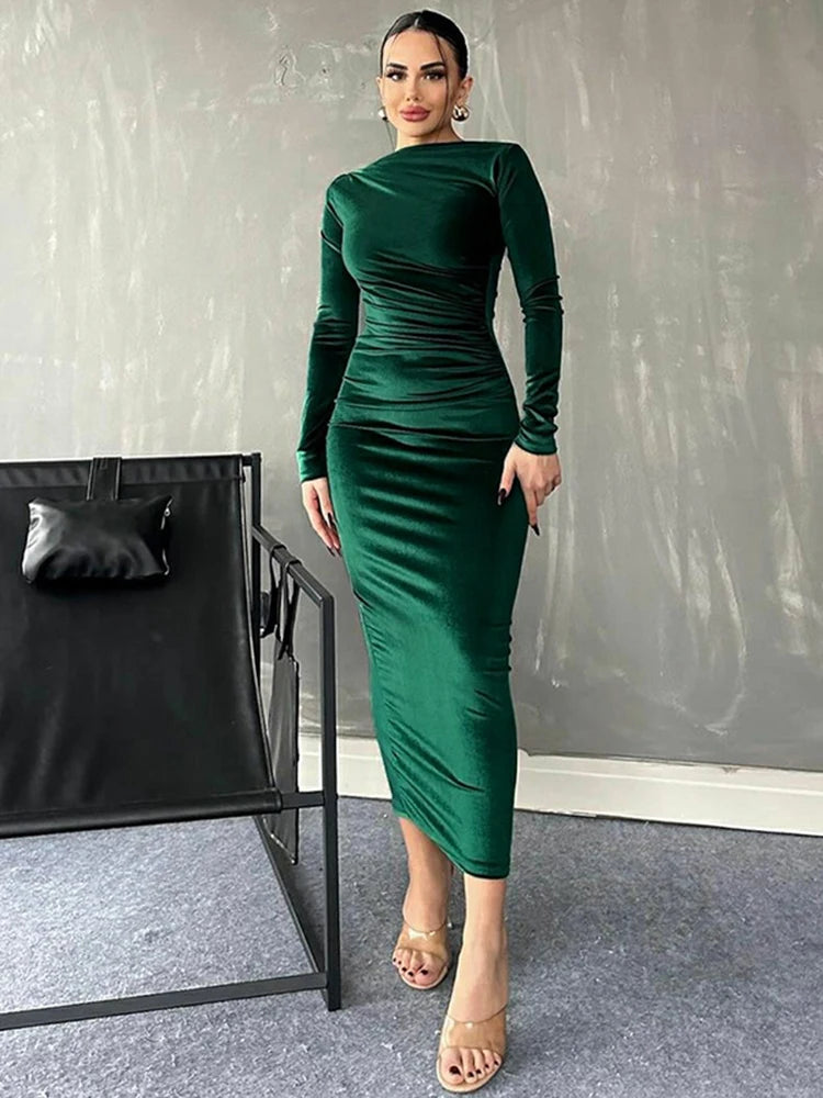 Dulzura 2024 Frühling Sommer Samt Langarm Midi Kleid Für Frauen Geraffte Lange Kleid Elegante Party Kleidung Abend Grün Outfits