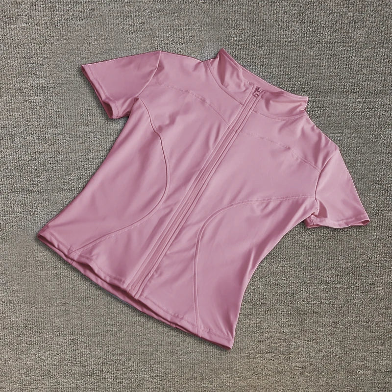 Damen-Sportbekleidung, schmale Passform, Polyester, schnell trocknend, durchgehender Reißverschluss, Outdoor-Fitness, Laufhose, kurze Ärmel, Damen-Yoga-Bekleidung