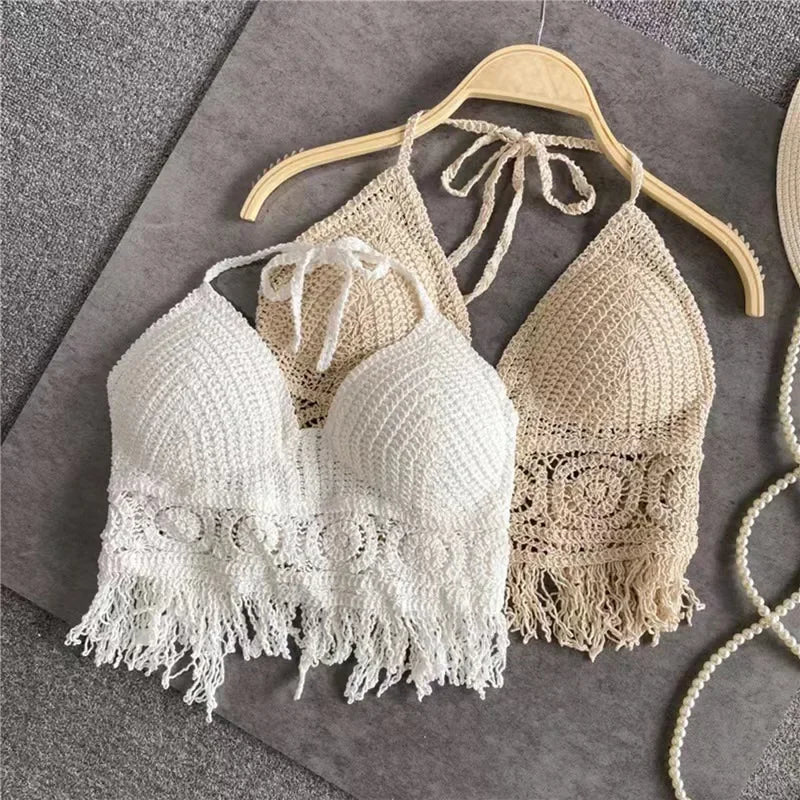 2024 sommer Sexy Strand Kurze Crop Top für Frauen Leichte Aushöhlen Häkeln Quasten Saum Halter Bhs Bustier mit Brust Pads