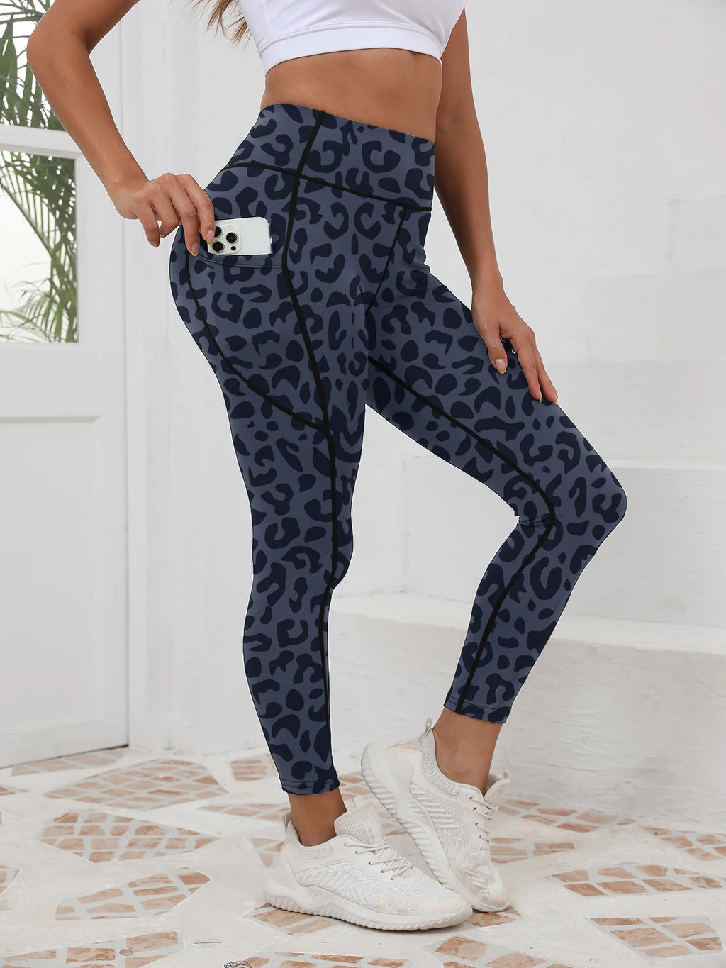 Bedruckte Damen-Fitnesshose mit hohem Bund und Tasche, gepaart mit engen Bauch-Yogahosen, geeignet zum Laufen, Wandern und Sp