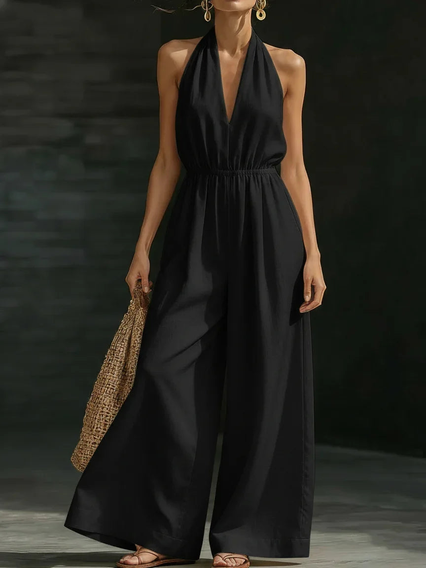Damen 2026 Neuer V-Ausschnitt Neckholder-Jumpsuit – Designer-Overall im französischen Stil mit weitem Bein, schicker Büro-Casual-Einteiler