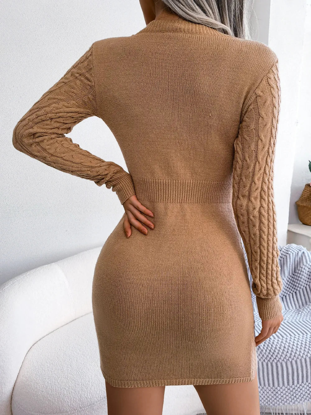VigoCasey 2025 Blue Casual Short Knit Dress Autumn Winter Women Long Sleeve Dress Sexy Lady Solid Hollow Bodycon Knitted Dresses