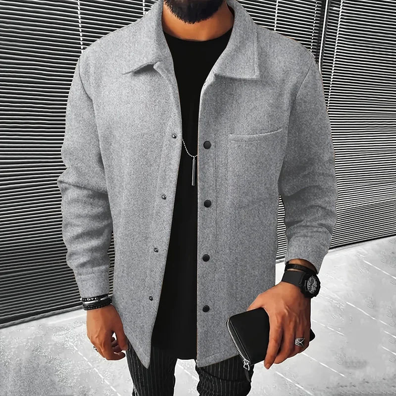 Men's Warm Brushed Jacket Lapel Button-Down Casual Coat for Autumn Winter Business，with Pocket