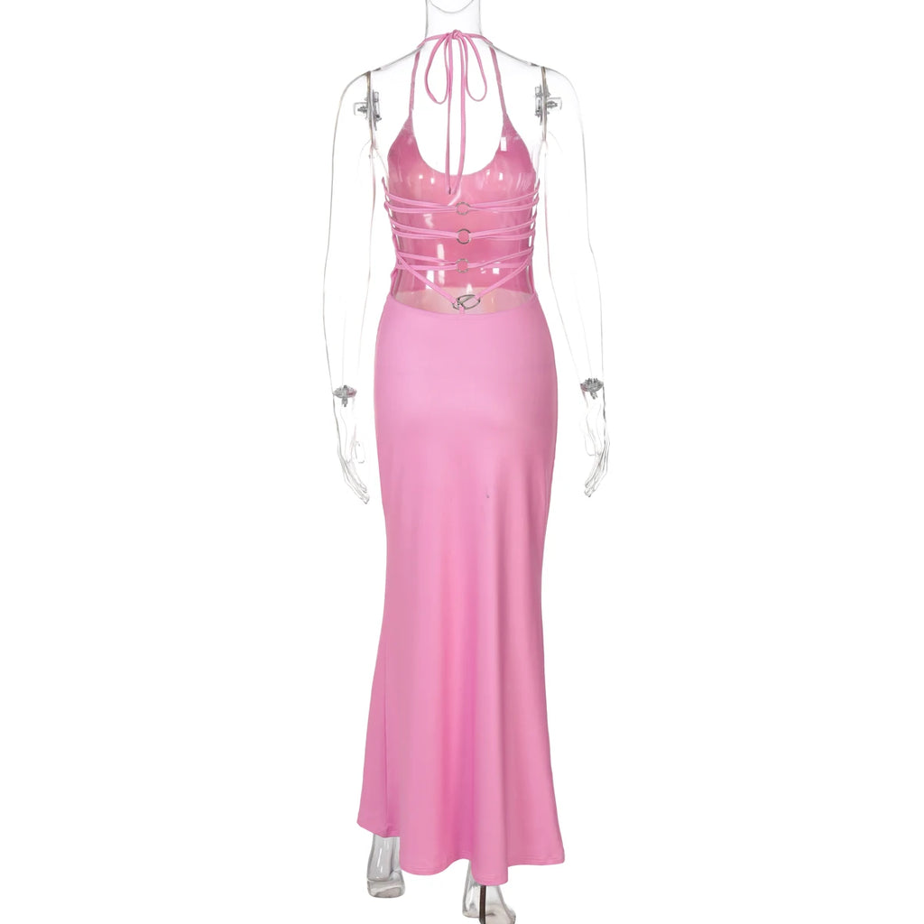 Hugcitar 2025 Frühling Halter Print Halter-Backless Verband Gürtel Sexy Bodycon Maxi Kleid Frauen Mode Outfits Streetwear Festival