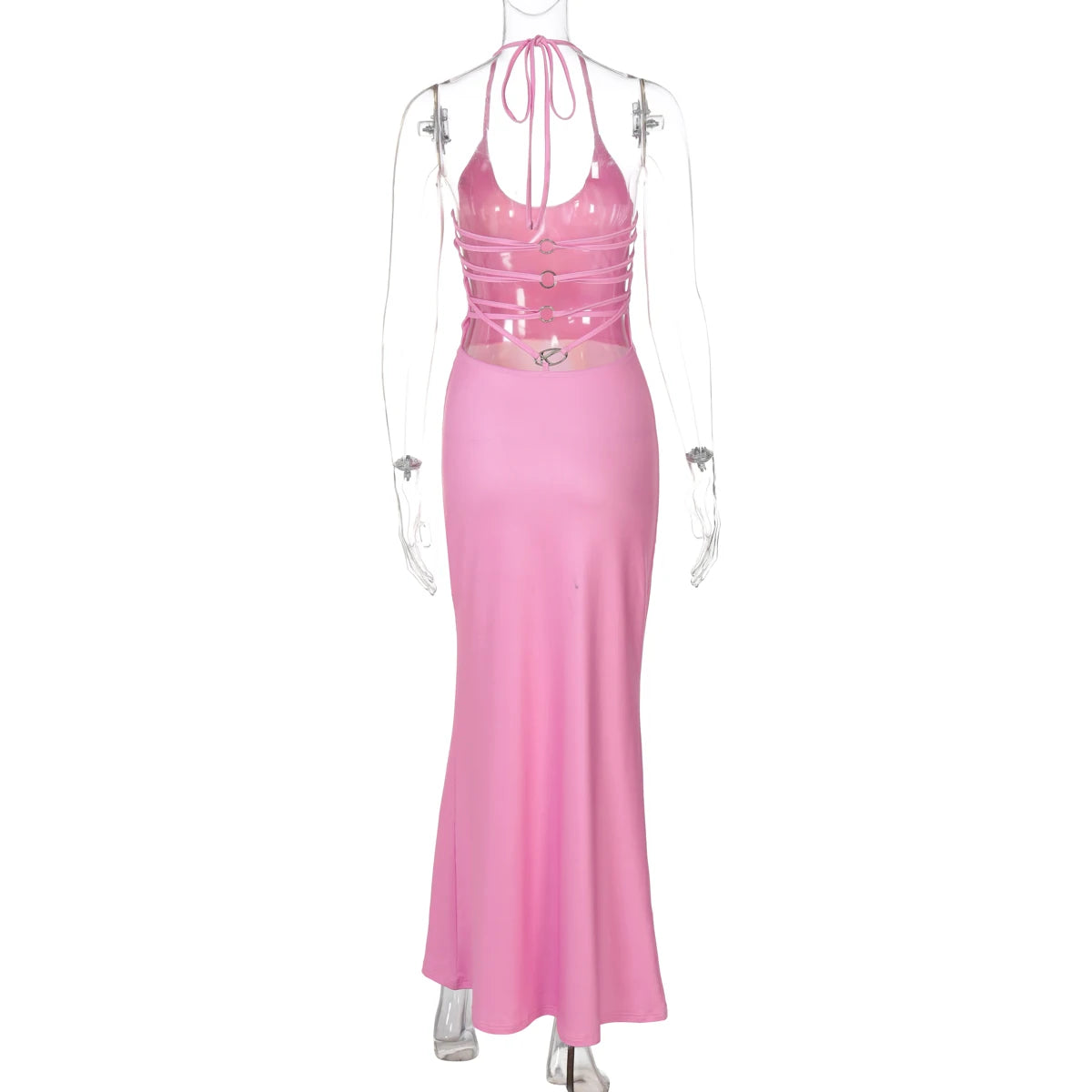 Hugcitar 2025 Frühling Halter Print Halter-Backless Verband Gürtel Sexy Bodycon Maxi Kleid Frauen Mode Outfits Streetwear Festival