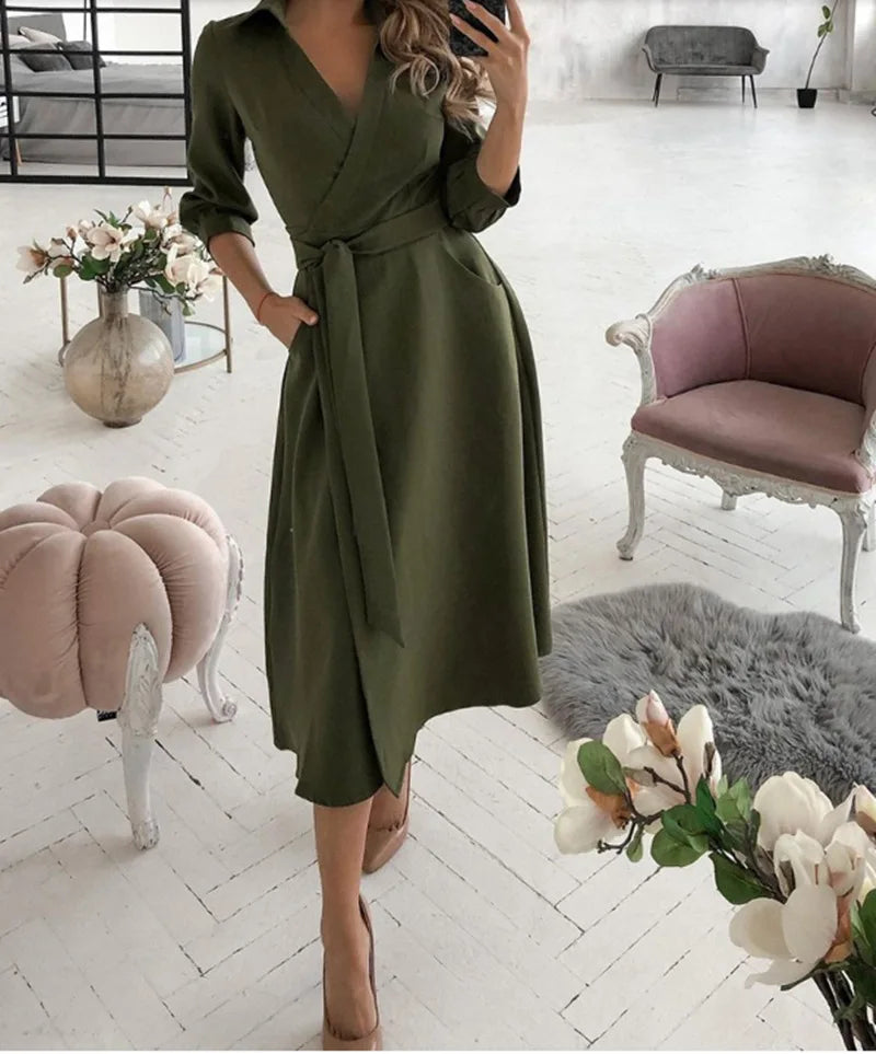 Herbst Neue Casual frauen Mode Lange ärmeln V-ausschnitt Gedruckt Muster Mid-länge Elegante Gedruckt frauen Kleid