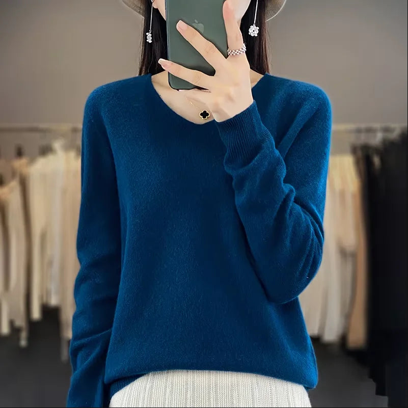 Frauen 100% Merinowolle Pullover V-Ausschnitt Basic Pullover Herbst Winter Kaschmir Kleidung Langarm weiche Strickwaren Tops einfarbig
