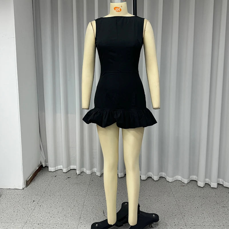 Wefads Mini Dress Women Elegant Sexy Solid Sleeveless Round Neck Nipped Waist Backless Evening Party Bubble Black Short Dresses