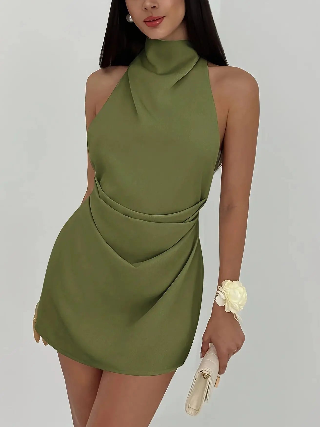 Damen Plissiertes Hochgeschlossenes Rückenfreies Minikleid mit Bindegürtel Satin-Minikleid für Abendparty und Cocktail