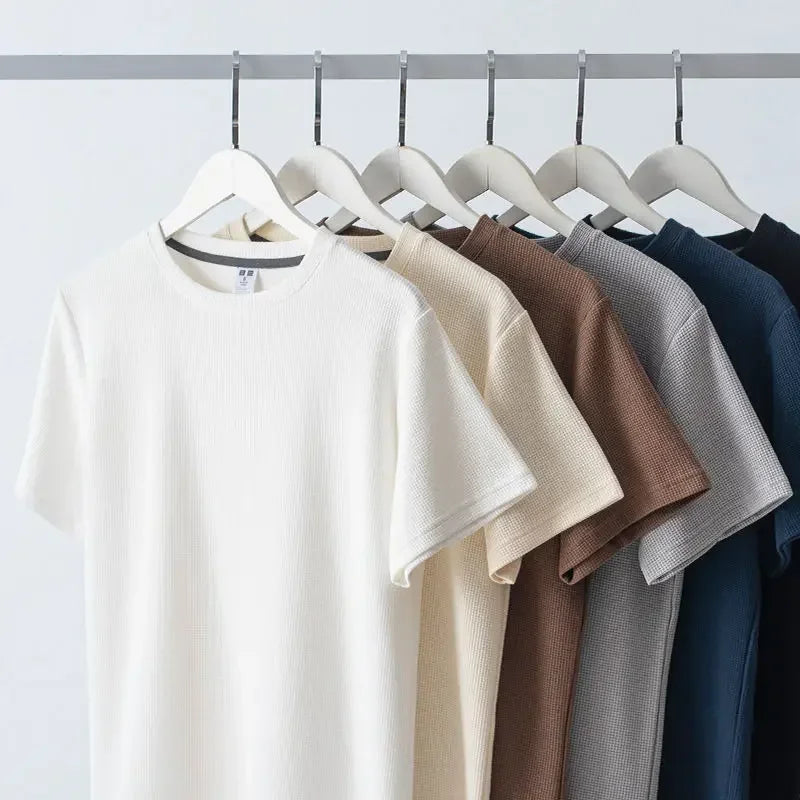 Neues Sommer-T-Shirt mit Rundhalsausschnitt und Waffelmuster für Herren, bequemes, atmungsaktives Kurzarm-Top für Freizeitkleidung