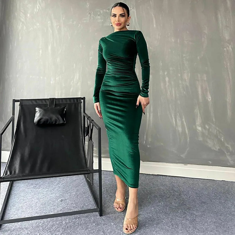 Dulzura 2024 Frühling Sommer Samt Langarm Midi Kleid Für Frauen Geraffte Lange Kleid Elegante Party Kleidung Abend Grün Outfits