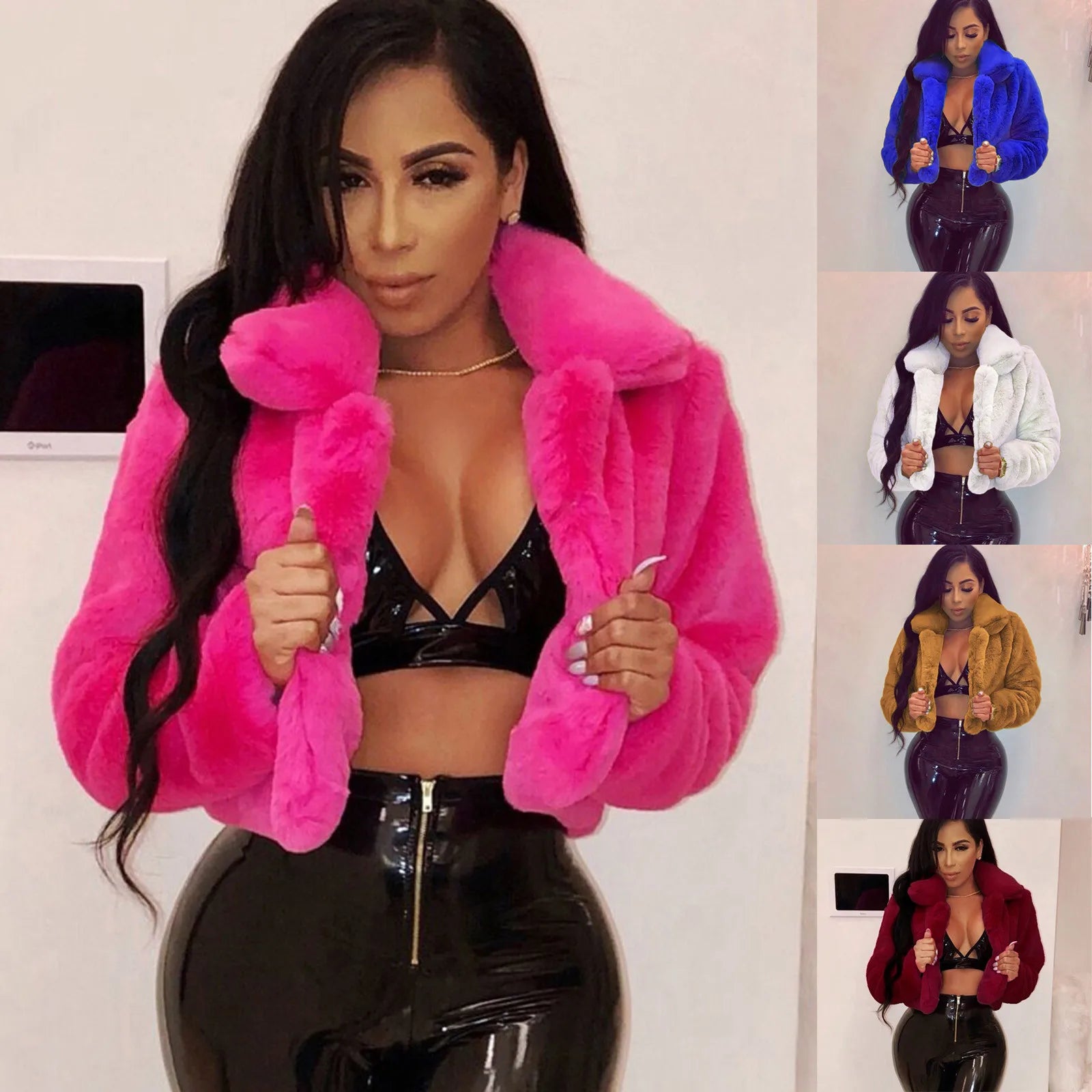 Mode Faux Pelz Offenen Stich Revers Crop Jacken Frauen Kleidung Herbst Winter Solide Langarm Warme Pelzigen Flauschigen Mantel Outwear