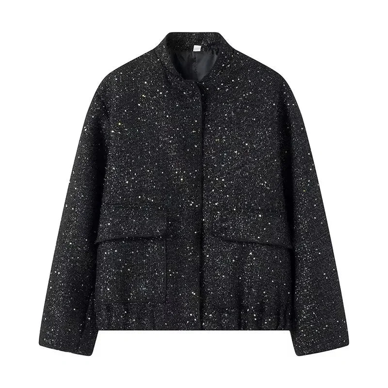 Damen Pailletten Bomber jacke fallen neue Rundhals ausschnitt Langarm Tasche Stretch Saum Pailletten Jacke Mantel weibliche schicke Oberbekleidung