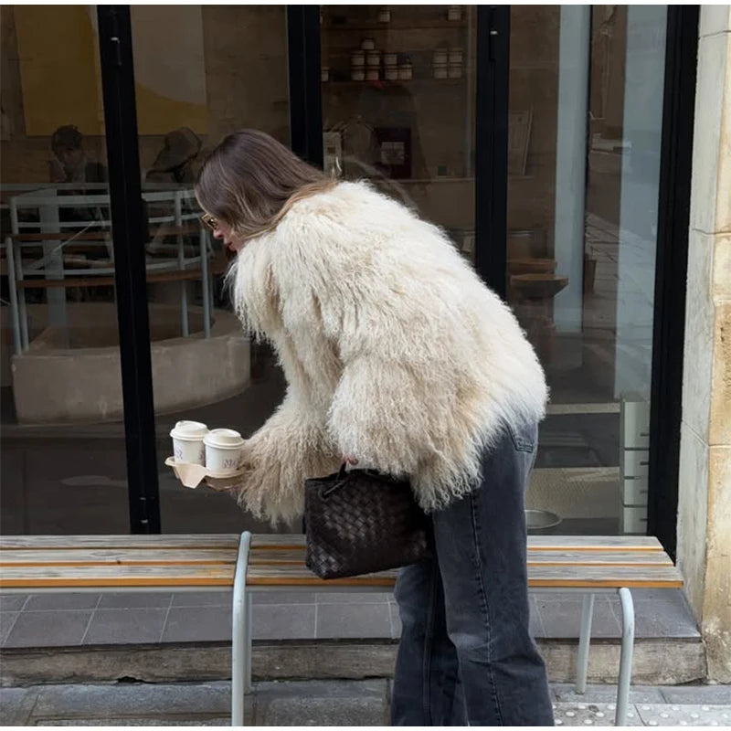Mongolei Woolen Faux Pelz Jacke Solide Frauen Mode Drehen Unten Kragen Langarm Strickjacke Kurze Mäntel Dame Täglichen Straße Outwears