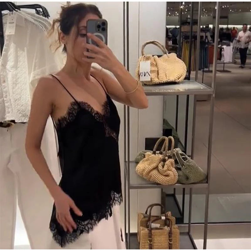 Sommer Frauen Halter Top Satin Spitze Gespleißt Tank Backless Tiefem Hals Sexy Weste Unregelmäßigen Saum Vestidos 2025, Dame Urlaub Sexy Tops