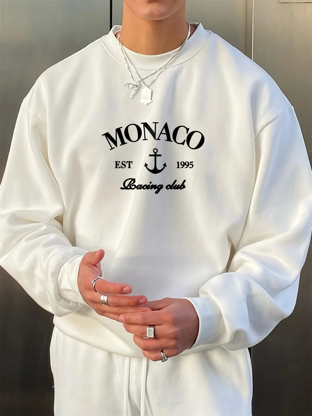 Men's autumn and winter fashionable casual loose monaco letter print fleece pullover long sleeved round neck sweatshirt