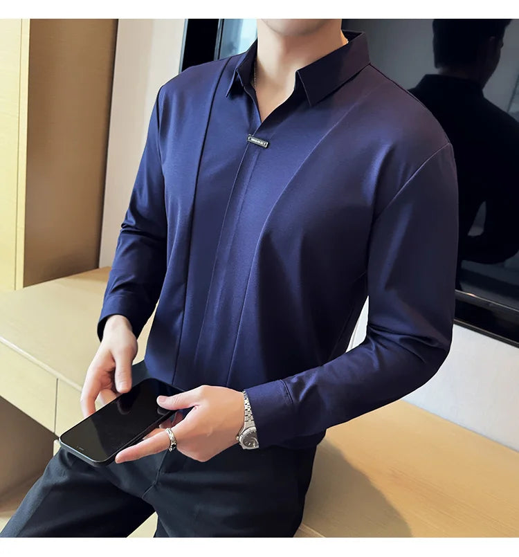 Herren-Poloshirt mit langen Ärmeln, 2026, Frühling, britischer Stil, einfarbig, elastisch, schmale Passform, T-Shirt, formelle Kleidung, Poloshirt, Herrenbekleidung