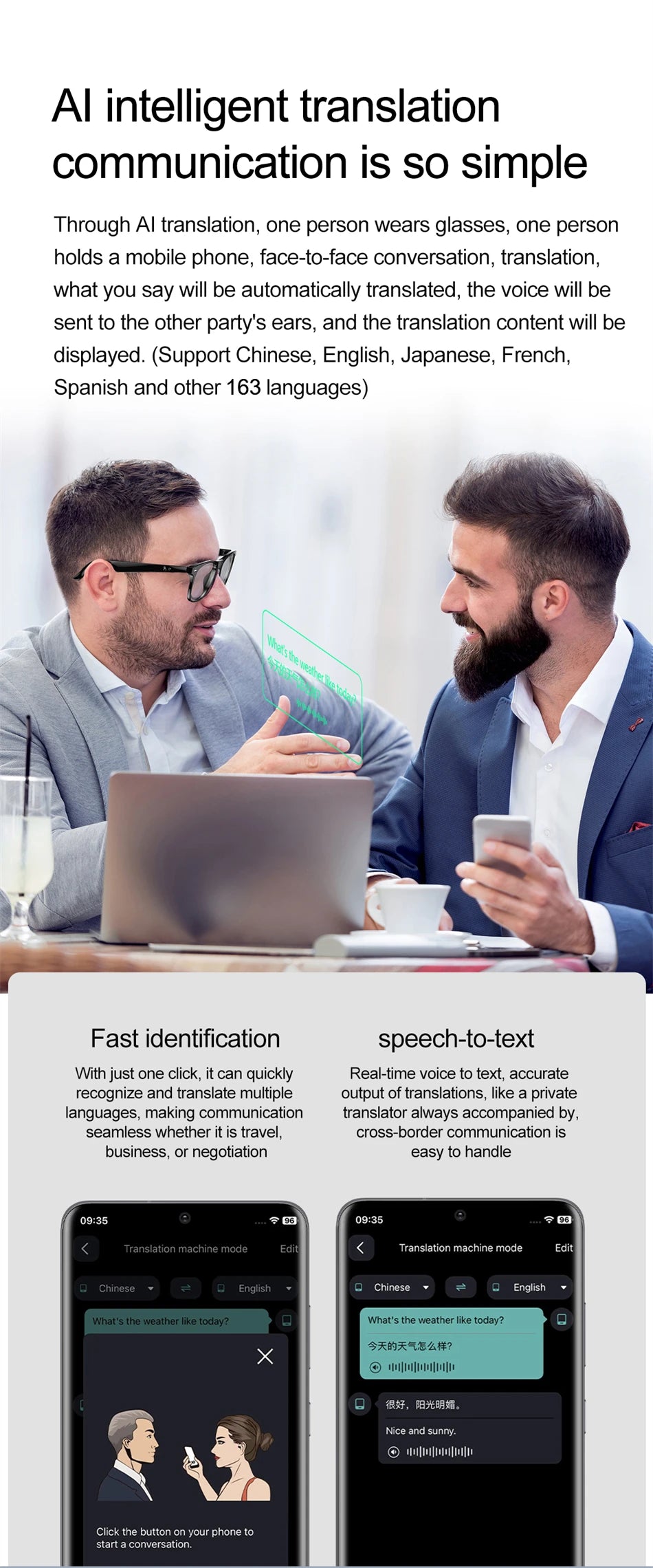 AI Intelligent Translation Glasses 163 Online Language AI Automatic Dialogue Translation Bluetooth Translation Glasses Men Women