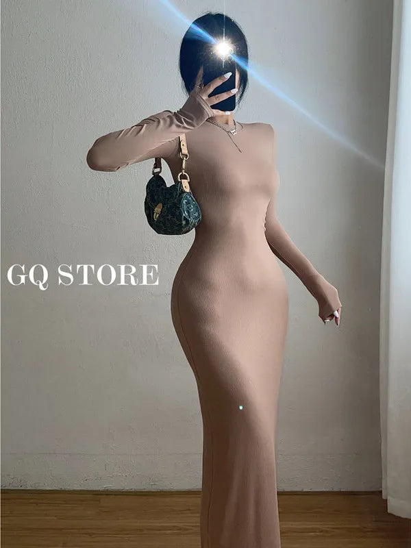 WOMENGAGA Einfache Maxi Langes Kleid Rundhals Langarm Enge Dünne Maxi Kleider Elegante Mode Koreanische Frauen Robe DEH8