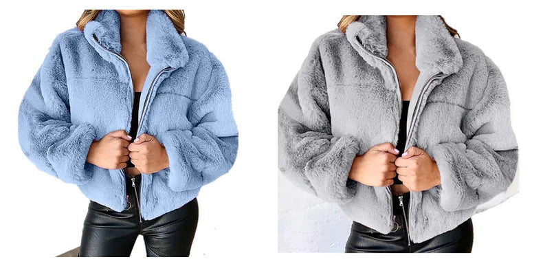 2025, Winter frauen Warme Jacke Zipper Strickjacke Faux Pelz Mode Langarm Stehen Kragen Plüsch Mantel für Weibliche