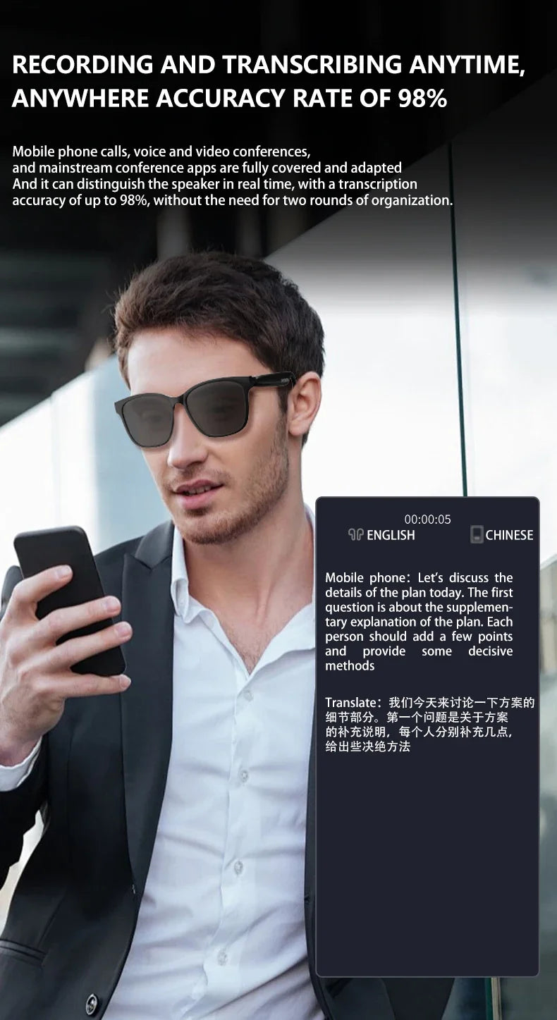New AI Smart Glasses Intelligent Real-time Language Translator Bluetooth Wireless Headphone AI Chat Smart Sunglasses Men Wome