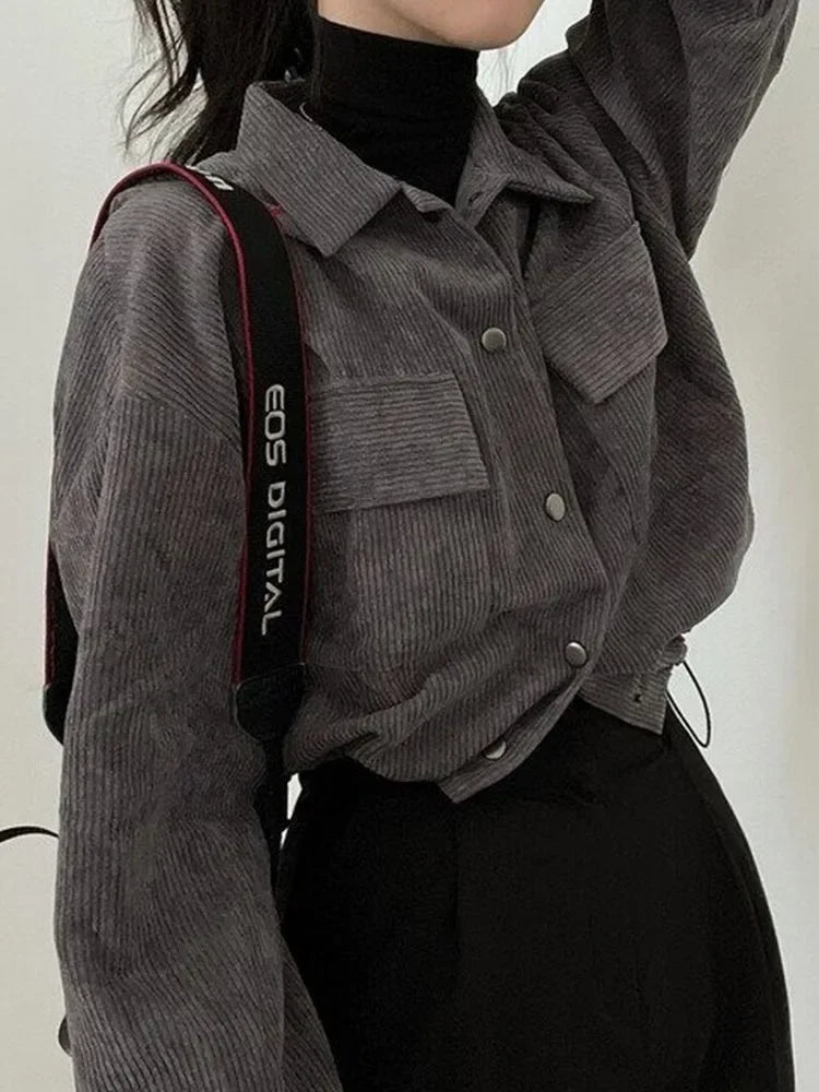 Frauen Vintage Cord Abgeschnitten Jacke Koreanische Mode Langarm Kordelzug Blusen Weibliche Lose Einreiher Mäntel Strickjacke