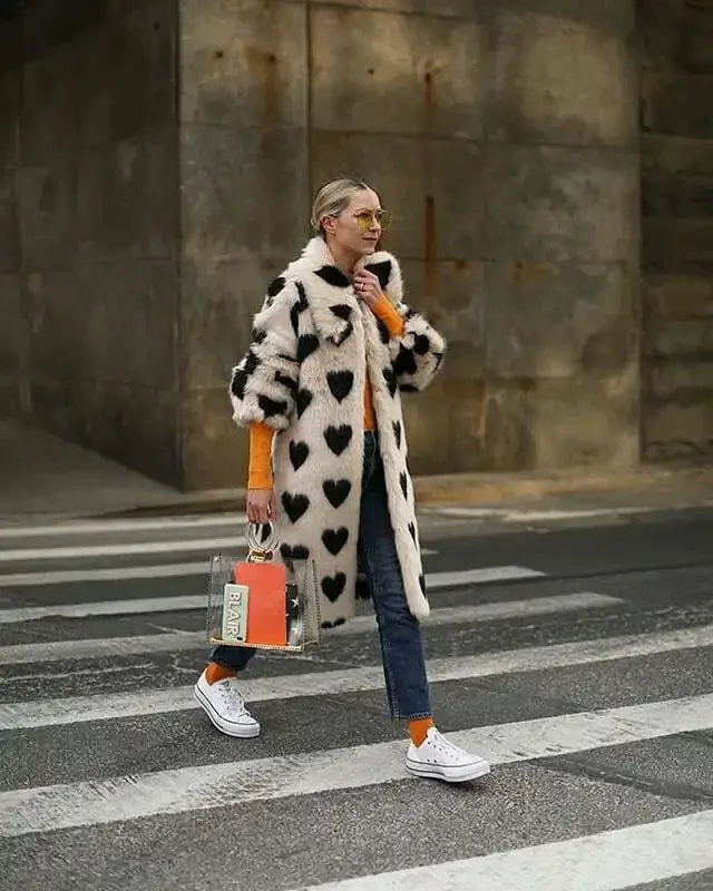 Winter Fashion Week Mode Lange Liebe Herz Muster Hohe Qualität Faux Fuchs Pelzmantel Frauen Jacke