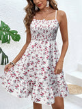 Damen-Kleid mit Blumendruck, gerafftem Spaghettiträgern – Sommer-Boho-Sommerkleid mit Rüschen, lässiges Strand-Maxikleid