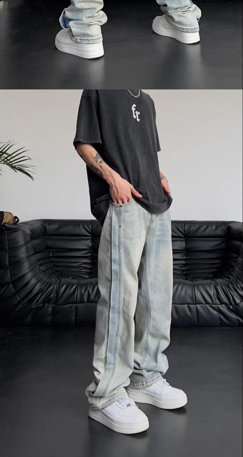 Jeans für Herren, locker, hellblau, Baggy, gerade, Cowboy-Hose, Punk, gespleißt, Y2k, Vintage-Hose, 2025, koreanischer Herbst-Trend, Baumwolle