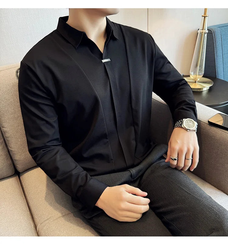 Men Long Sleeved Polo Shirt 2024 Autumn British Style Solid Casual Elastic Slim Fit T-shirt Formal Dress Polo Shirt Men Clothing