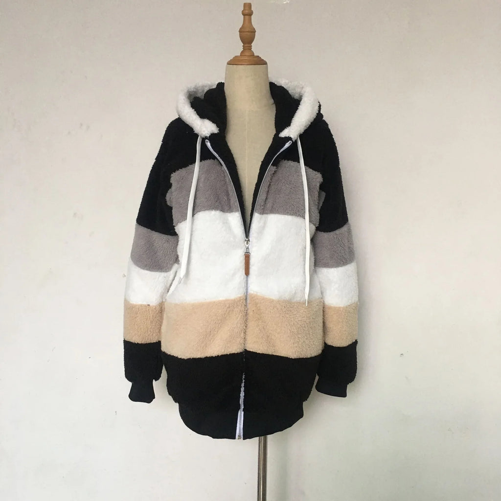 Warme Fleece-Übergroße Kapuzenjacke für Damen, Herbst und Winter, verdickte Reißverschlusstasche, Patchwork-Kleidung, bequemes Sweatshirt