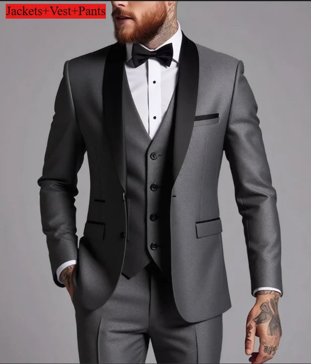 Formelles Anzugset für Herren, Business-Casual, Slim-Fit-Smoking für Hochzeit, langärmliges Revers mit Kerbe, Bräutigam