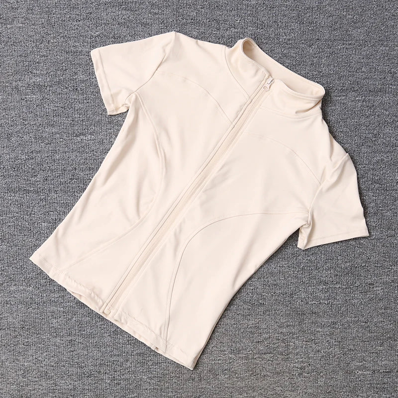 Damen-Sportbekleidung, schmale Passform, Polyester, schnell trocknend, durchgehender Reißverschluss, Outdoor-Fitness, Laufhose, kurze Ärmel, Damen-Yoga-Bekleidung