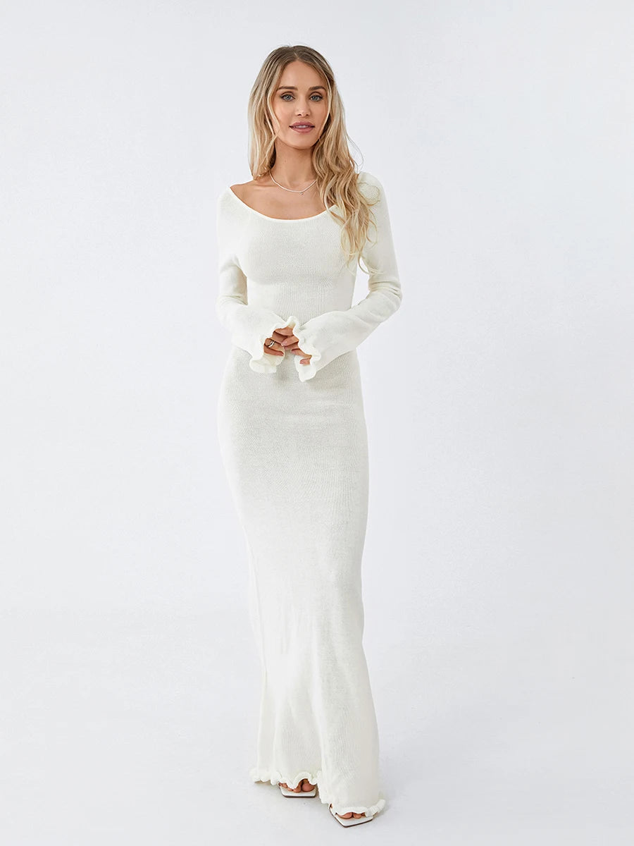 Damen-Kleid mit langen Ärmeln, Krawatte, rückenfrei, Rundhalsausschnitt, Rüschenbesatz, langes Kleid, Herbst und Winter, gestrickt, einfarbig, figurbetontes Kleid, Beige/Grau/Weiß