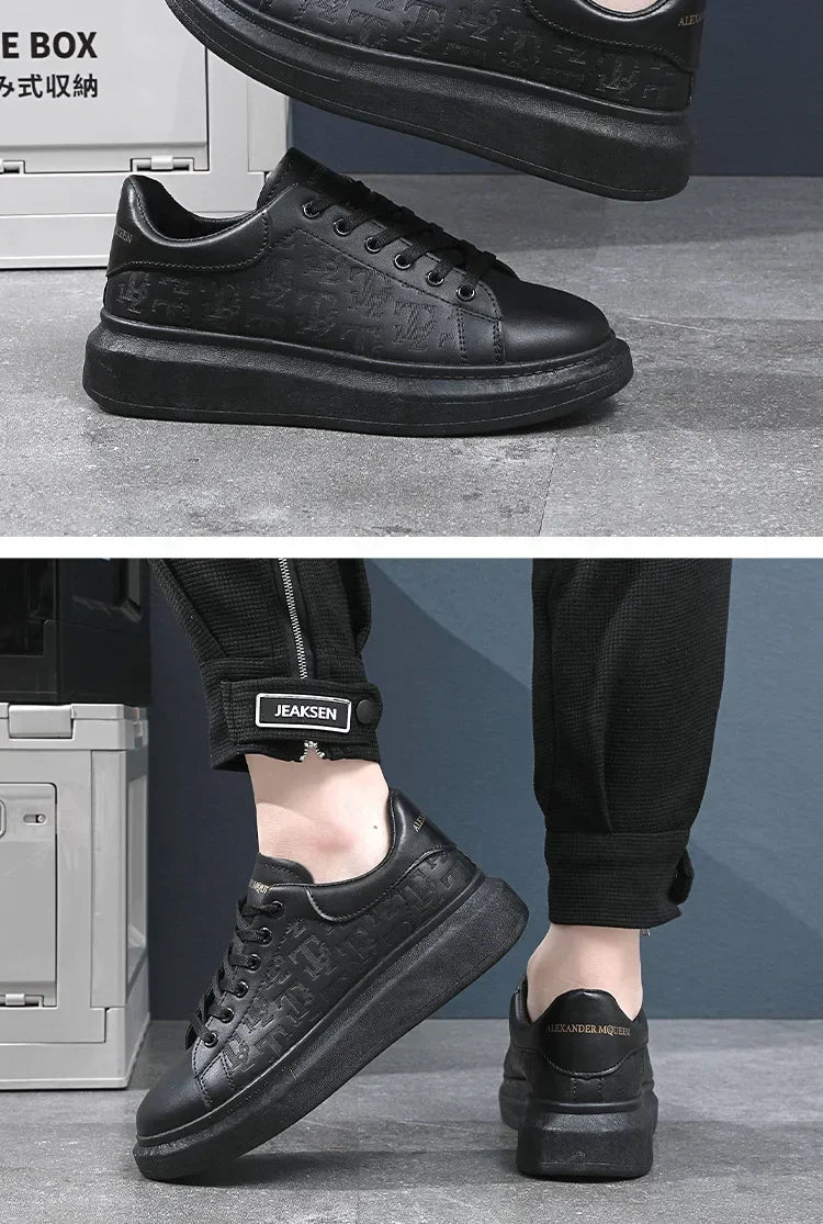 2025, neue Herrenschuhe, Frühling und Herbst, flache Sohlen, lässige Lederschuhe, Sportschuhe, schwarze und weiße Herren-Schuhe mit dicken Sohlen, atmungsaktiv