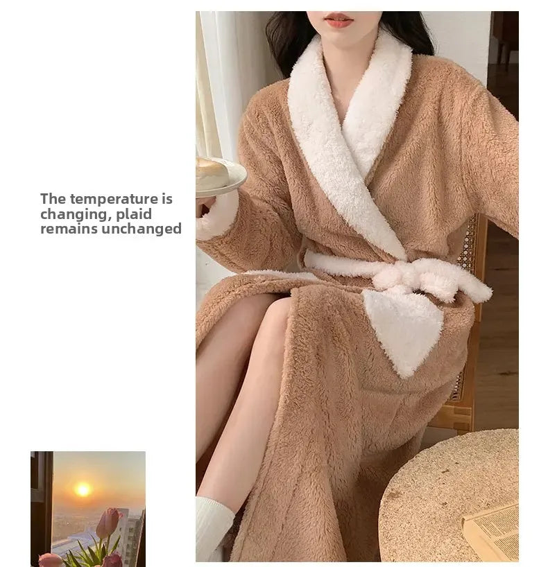 Verdickte Korallen Fleece Robe frauen V-ausschnitt Gürtel Langarm Mid-länge Süße Stil Warme Hause Kleidung Winter Saison