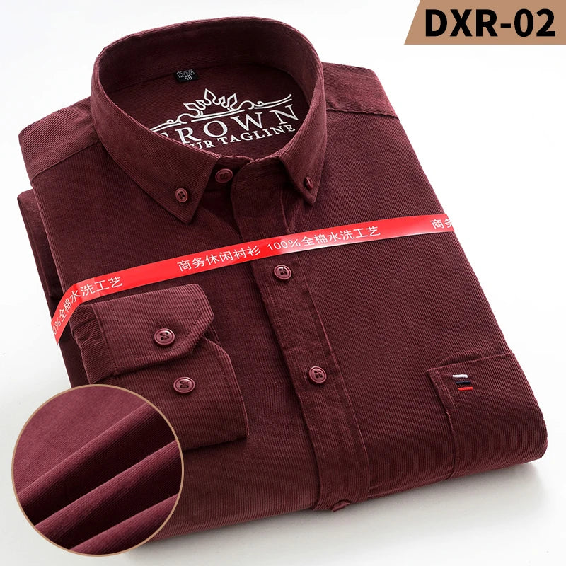 Neue Herrenhemden aus reiner Baumwoll-Cord, modisch, Business-Casual, bequem, extra Größe, einfarbig, langärmelig, Herrenbekleidung