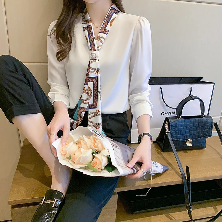 H Han Königin Frühling Chiffon Einfache Büro Dame Bluse Weibliches Hemd Bogen Tops Langarm Casual Koreanische OL Lose Blusen Frauen