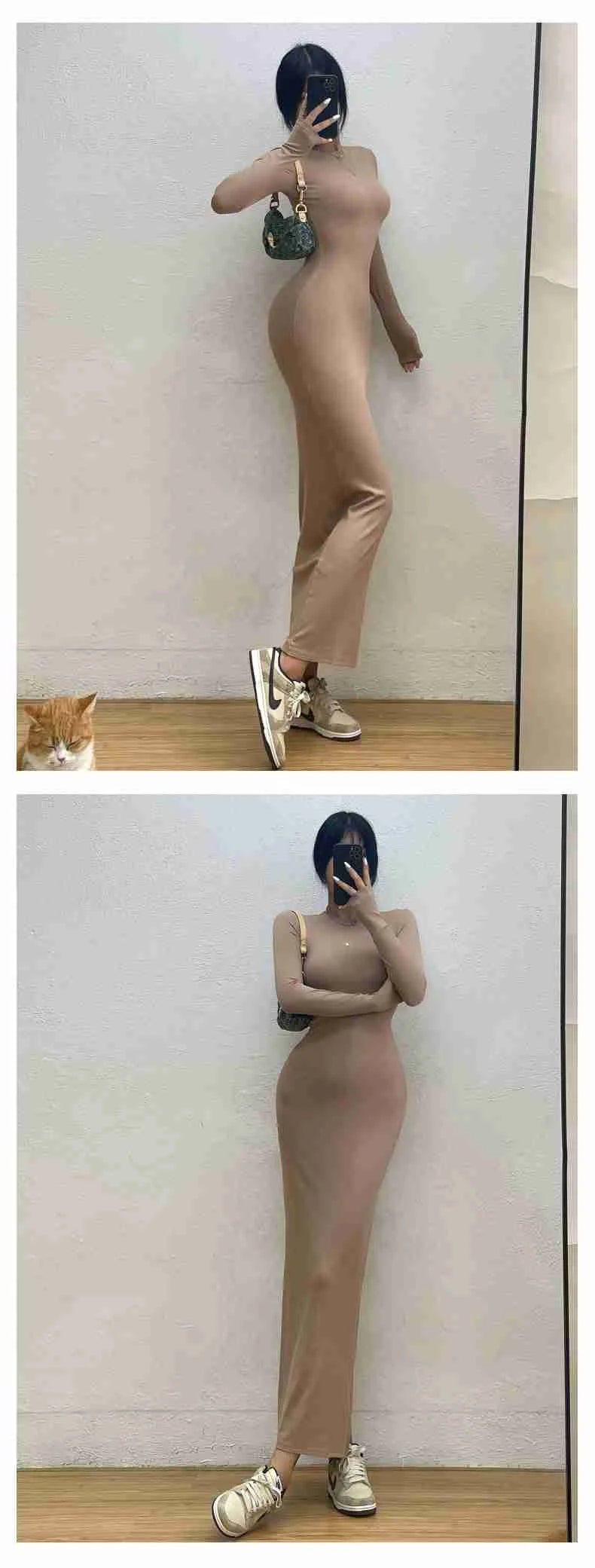 WOMENGAGA Einfache Maxi Langes Kleid Rundhals Langarm Enge Dünne Maxi Kleider Elegante Mode Koreanische Frauen Robe DEH8