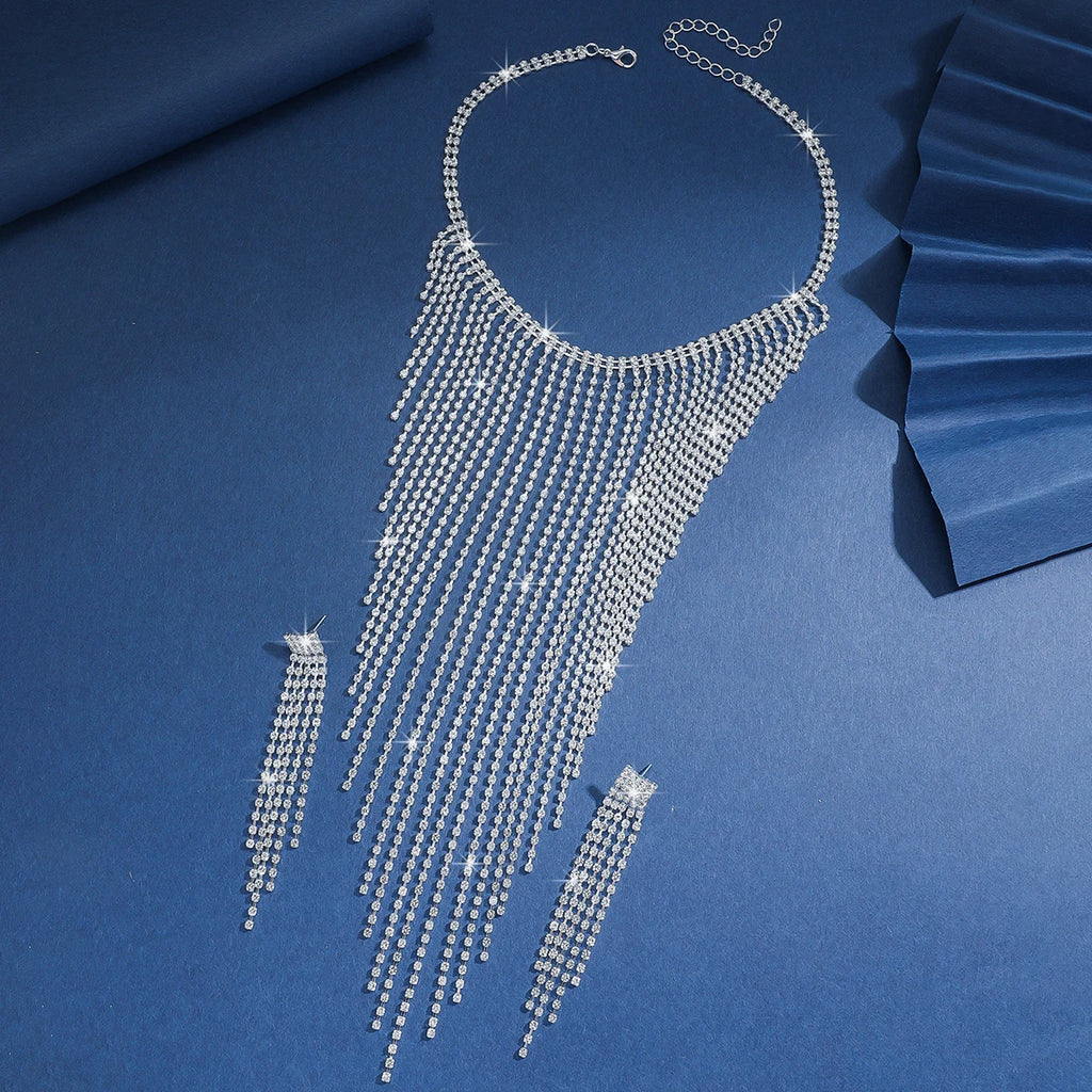 3PC Women's Fashion Copper Claw Chain Series Long Tassel Necklace Earrings Jewelry Set Wedding Banquet Party Holiday Gift