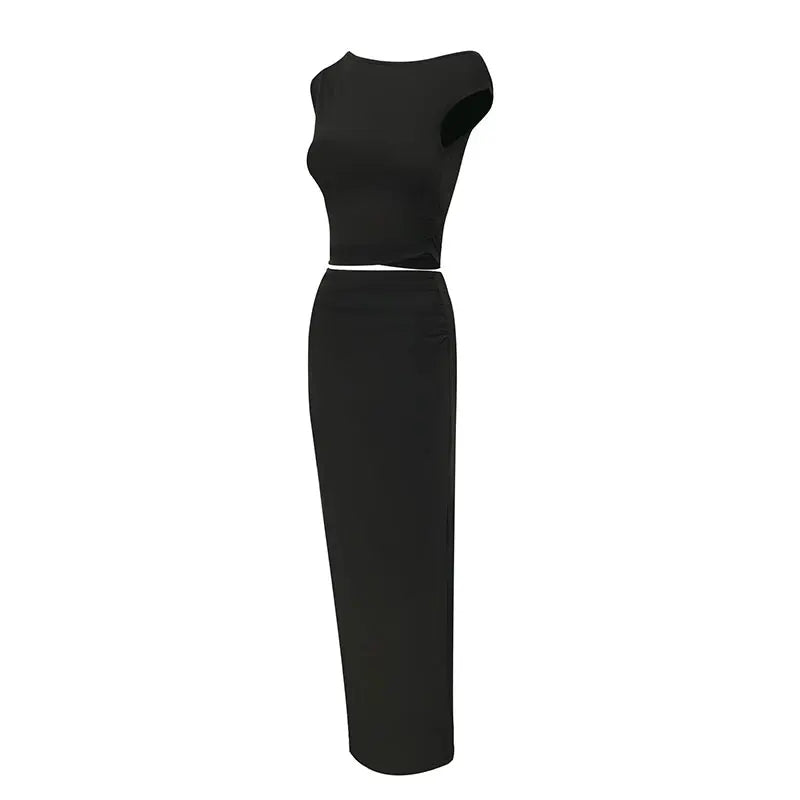 Frühling Damen Tank-Maxirock Neues Zweiteiliges Mode-Set Schwarzer Sexy Schlitz-Rock Lässige Schlanke Elegante Hochwertige Kleidung