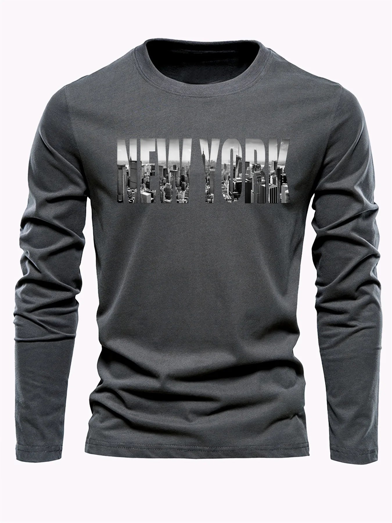 Men's 100% pure cotton loose fit plus size comfortable casual sports New York letter printed round neck long sleeved T-shirt top