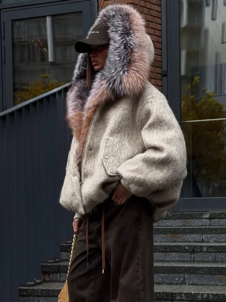 Gefärbter Pelzkragen, kurze Wolljacke für Damen, modisch, Revers, volle Ärmel, einreihig, Patchwork, lose Jacken, 2025, Winter-Outwear