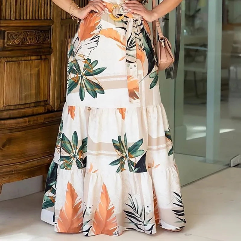 Hohe Taille Floral Blume Gedruckt Casual Fashion Lose Frauen Lange Maxi Kleid Kurzarm Gürtel Kleid