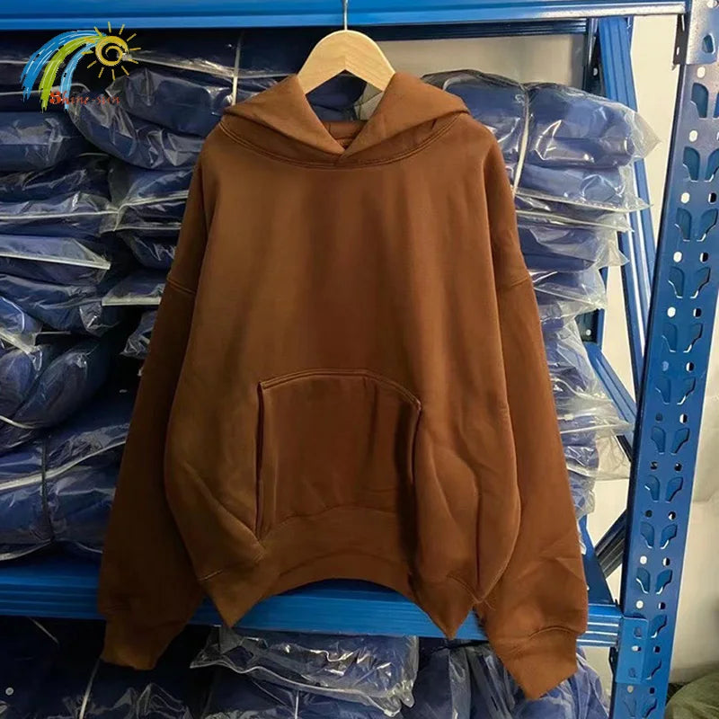 Autumn Winter High Street Oversized Kanye West Hoodie Men Women 1:1 Solid Color Black Brown Red Blue Pullover Streetwear Hooded